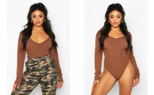 Z5E209 BRĄZOWE BODY PRĄŻKOWANE Z DŁUGIM RĘKAWEM BOOHOO PLUS 52