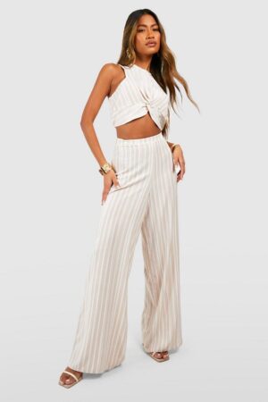 Z5C111 BOOHOO MATERIAŁOWE LUŹNE SPODNIE WIDE LEG W PASKI S - obrazek 4