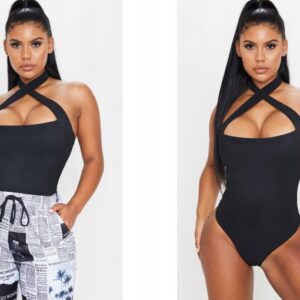 Z7F202 ASYMETRYCZNE PRĄŻKOWANE BODY CZARNE PRETTYLITTLETHING 38