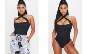 Z7F202 ASYMETRYCZNE PRĄŻKOWANE BODY CZARNE PRETTYLITTLETHING 38
