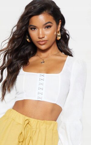 Z6C215 BIAŁY KRÓTKI TOP GORSETOWY Z DŁUGIM RĘKAWEM PRETTYLITTLETHING 34 - obrazek 3