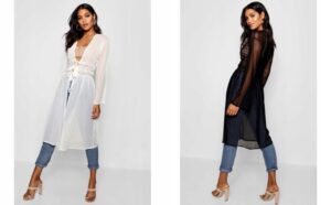 Z0B201 BOOHOO BEŻOWA DŁUGA KOSZULA KIMONO Z KORONKĄ WIĄZANE W PASIE S/M