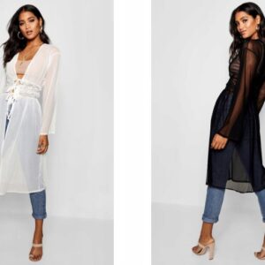Z0B201 BOOHOO BEŻOWA DŁUGA KOSZULA KIMONO Z KORONKĄ WIĄZANE W PASIE S/M