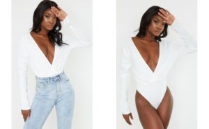 X2F107 KOPERTOWE BODY Z DŁUGIM RĘKAWEM DEKOLT V PRETTYLITTLETHING TALL M