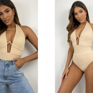 Z2D307 DZIANINOWE BODY Z FISZBINAMI DEKOLT V PRETTYLITTLETHING 36