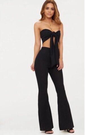 X5E206 PRETTYLITTLETHING CZARNE SPODNIE DZWONY PRĄŻKOWANE 32 XXS
