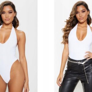 Z9C202 BIAŁE DOPASOWANE BODY Z ODKRYTYMI PLECAMI PRETTYLITTLETHING 34