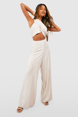 Z5C111 BOOHOO MATERIAŁOWE LUŹNE SPODNIE WIDE LEG W PASKI S