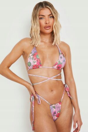 X9D308 BOOHOO BIKINI KWIATY STRINGI WIĄZANE 38 M - obrazek 3