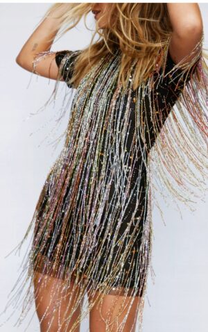 Z2F308 NASTY GAL CZARNA DOPASOWANA SUKIENKA GLAMOUR CEKINY KORALIKI 40