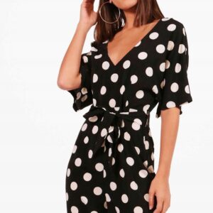 X7E207 ELEGANCKI CZARNY KOMBINEZON W KROPKI 7/8 BOOHOO M