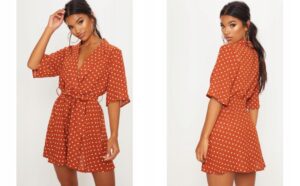 Z1D003 SUKIENKA PRETTYLITTLETHING BRĄZOWA W GROSZKI KLASYCZNA MINI 38