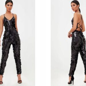 Z3C308 PRETTYLITTLETHING CZARNY KOMBINEZON GLAMOUR W CEKINY 34 XS