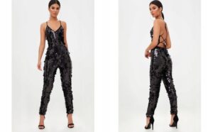 Z3C308 PRETTYLITTLETHING CZARNY KOMBINEZON GLAMOUR W CEKINY 34 XS