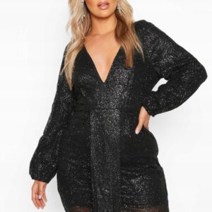 Z8C212 CZARNA SUKIENKA GLAMOUR Z POŁYSKIEM BROKAT BOOHOO PLUS 44