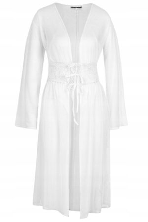 Z0B201 BOOHOO BEŻOWA DŁUGA KOSZULA KIMONO Z KORONKĄ WIĄZANE W PASIE S/M - obrazek 5