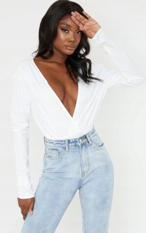 X2F107 KOPERTOWE BODY Z DŁUGIM RĘKAWEM DEKOLT V PRETTYLITTLETHING TALL M - obrazek 6