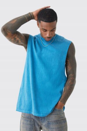 Z0F309 BOOHOO MĘSKI NIEBIESKI T-SHIRT EFEKT SPRANIA BASIC M