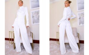 M4C110 ELEGANCKI SATYNOWY KOMBINEZON BIAŁY PRETTYLITTLETHING 42