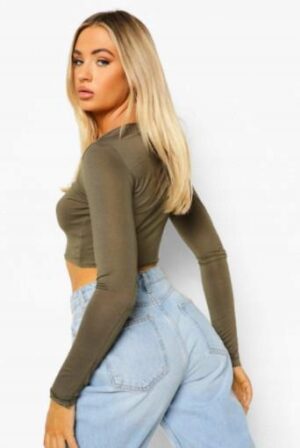 Z2G310 BOOHOO KHAKI CROP TOP BASIC L L - obrazek 3
