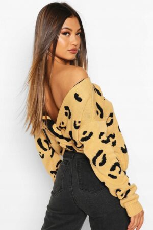 X0B203 BOOHOO SWETER DAMSKI WE WZÓR BRĄZOWY S/M