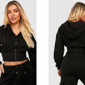 Z7D208 CZARNA SPORTOWA BLUZA CROPPED Z KAPTUREM BOOHOO XL