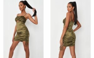 M8C303 SATYNOWA MARSZCZONA ZIELONA SUKIENKA NA RAMIĄCZKACH MISSGUIDED M