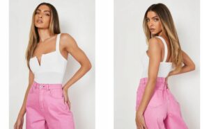 Z6E313 BIAŁE BODY NA RAMIĄCZKACH DEKOLT V BOOHOO 38