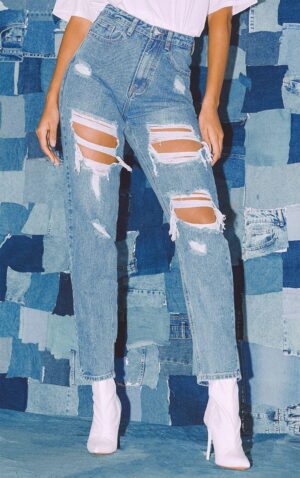 X5F302 SPODNIE JEANSOWE MOM DZIURY PRZETARCIA PRETTYLITTLETHING 40 - obrazek 3