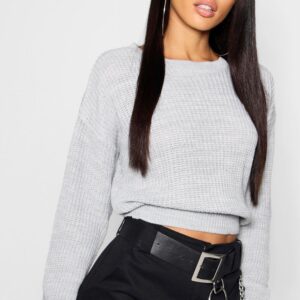 X4A110 BOOHOO SWETER DAMSKI SZARY DZIANINOWY KRÓTKI GŁADKI DŁUGI RĘKAW 36 S