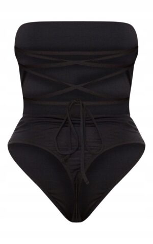 Z0E109 PRETTYLITTLETHING CZARNE BODY BANDEAU WIĄZANE Z TYŁU 38 M - obrazek 4