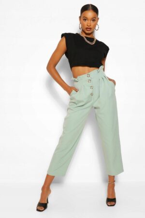 Z2G201 BOOHOO ECRU SPODNIE PAPERBAG 7/8 M M - obrazek 2