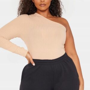 X5F107 PLT DAMSKA BEŻOWA BLUZKA ASYMETRYCZNA PLUS SIZE 44