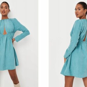 X1F106 NIEBIESKA SUKIENKA Z WYCIĘCIAMI DŁUGI RĘKAW MISSGUIDED 40
