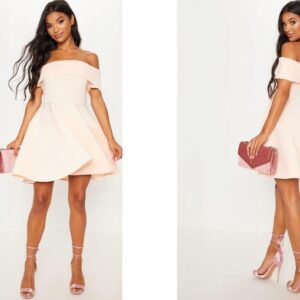 X0C107 ROZKLOSZOWANA KRÓTKA SUKIENKA RÓŻOWA PRETTYLITTLETHING 38