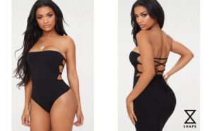 Z0E109 PRETTYLITTLETHING CZARNE BODY BANDEAU WIĄZANE Z TYŁU 38 M