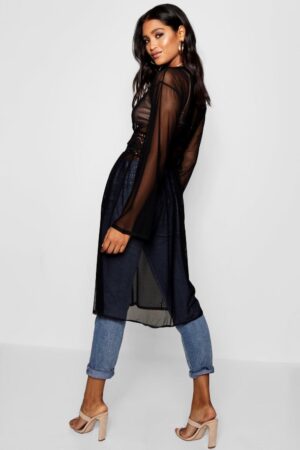 Z0B201 BOOHOO BEŻOWA DŁUGA KOSZULA KIMONO Z KORONKĄ WIĄZANE W PASIE S/M - obrazek 4