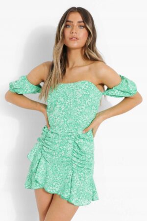 X8A018 BOOHOO LETNIA SUKIENKA KWIATY ZIELONA 42 XL