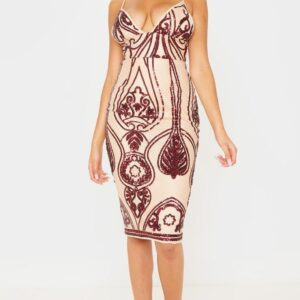 Z5A103 PRETTYLITTLETHING WZORZYSTA SUKIENKA NA RAMIĄCZKACH W CEKINY 38 S